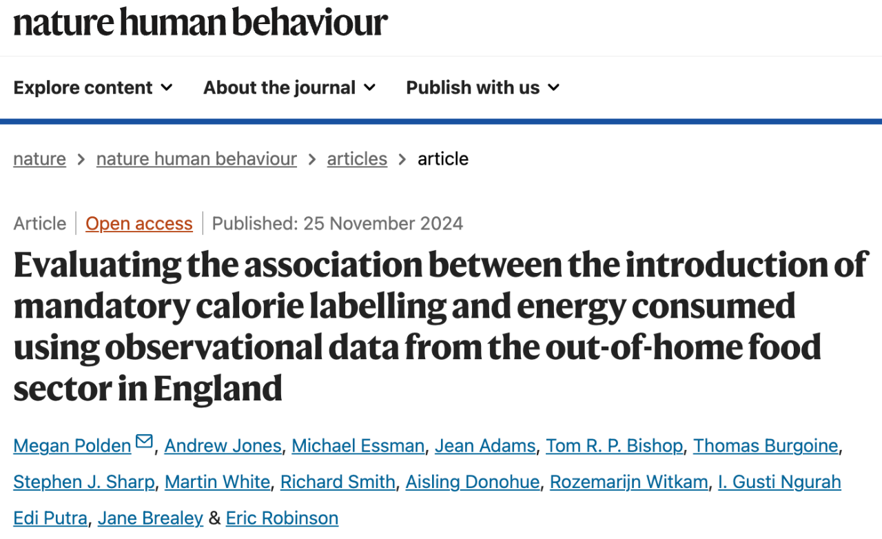 Evaluating the association between the introduction of mandatory calorie labelling and energy consumed using observational data from the out-of-home food sector in England