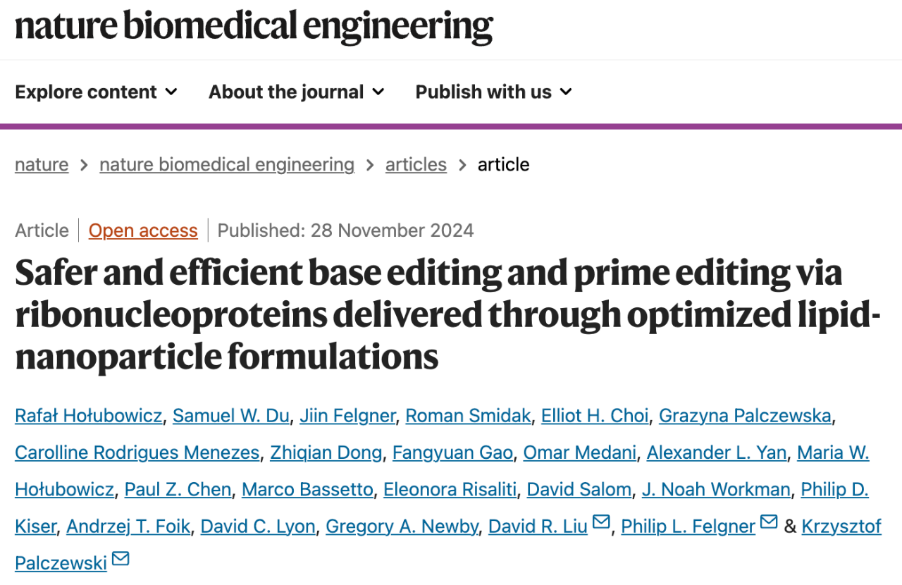 Safer and efficient base editing and prime editing via ribonucleoproteins delivered through optimized lipid-nanoparticle formulations