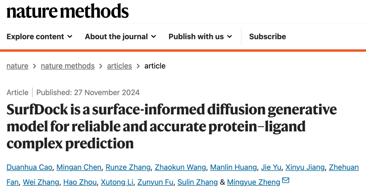 SurfDock is a surface-informed diffusion generative model for reliable and accurate protein–ligand complex prediction