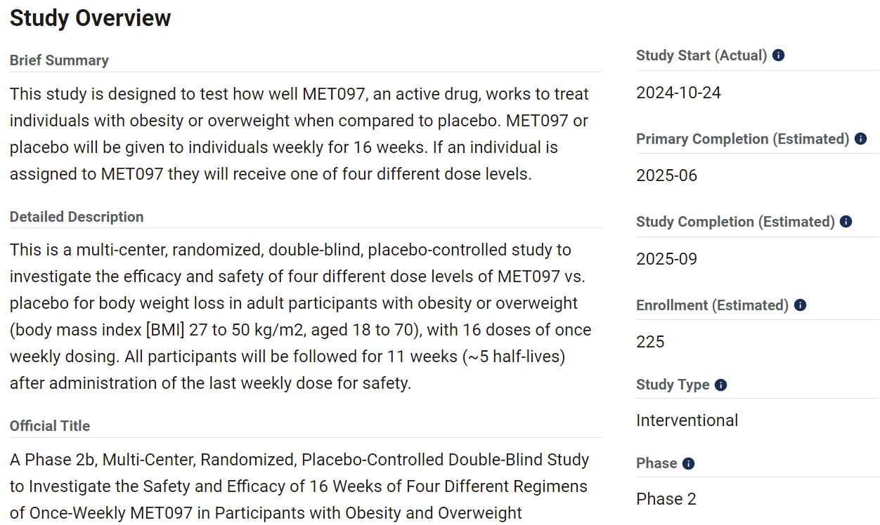 MET-097的美國減重2b期臨床試驗(yàn)