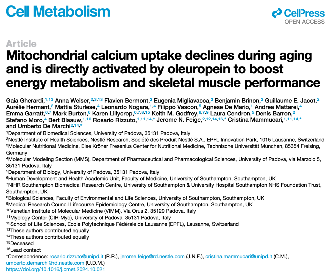 Mitochondrial calcium uptake declines during aging and is directly activated by oleuropein to boost energy metabolism and skeletal muscle performance