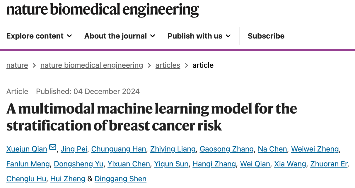 A multimodal machine learning model for the stratification of breast cancer risk