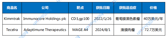 表1 全球已獲批TCR-T療法產品