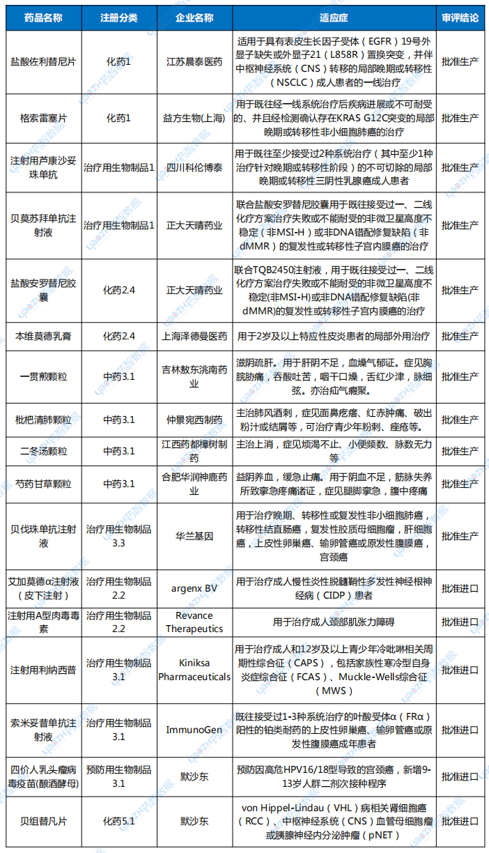 表2 2024年11月新藥上市申請審評結(jié)論情況