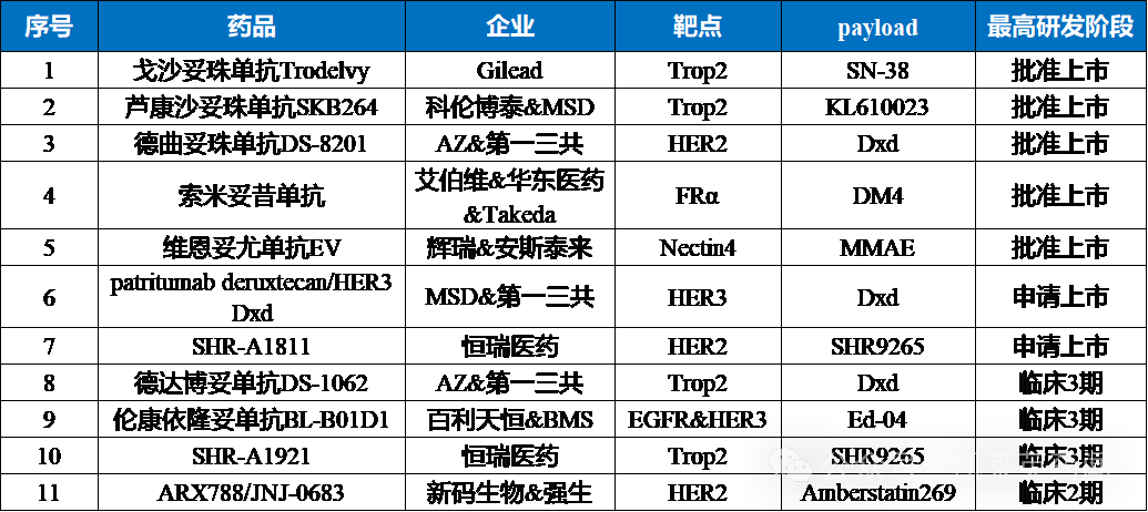 目前主流開發(fā)TNBC適應(yīng)癥的ADC代表藥物及靶點