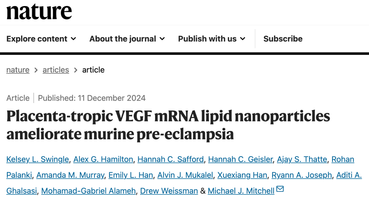 Placenta-tropic VEGF mRNA lipid nanoparticles ameliorate murine pre-eclampsia