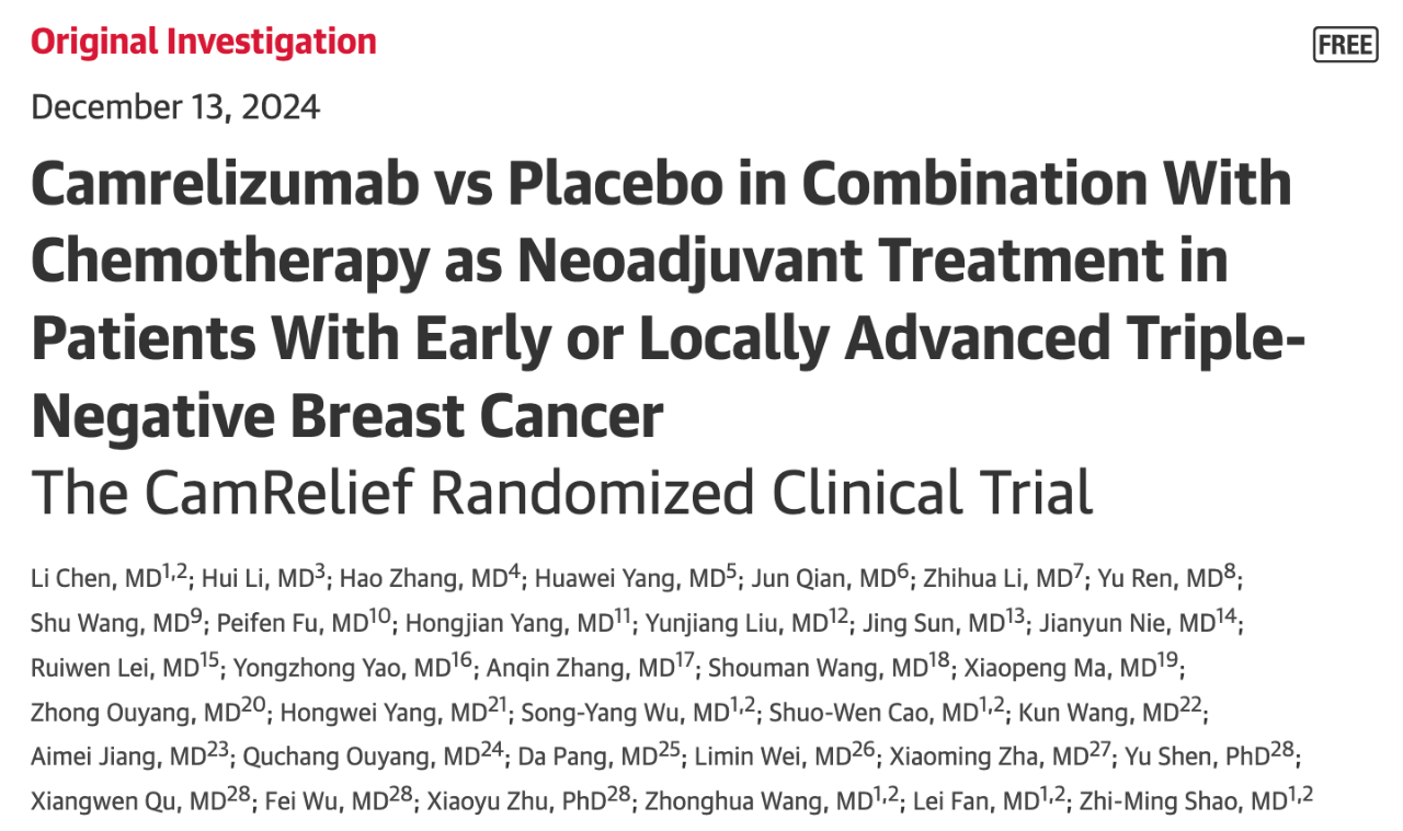 Camrelizumab vs Placebo in Combination With Chemotherapy as Neoadjuvant Treatment in Patients With Early or Locally Advanced Triple-Negative Breast Cancer：The CamRelief Randomized Clinical Trial