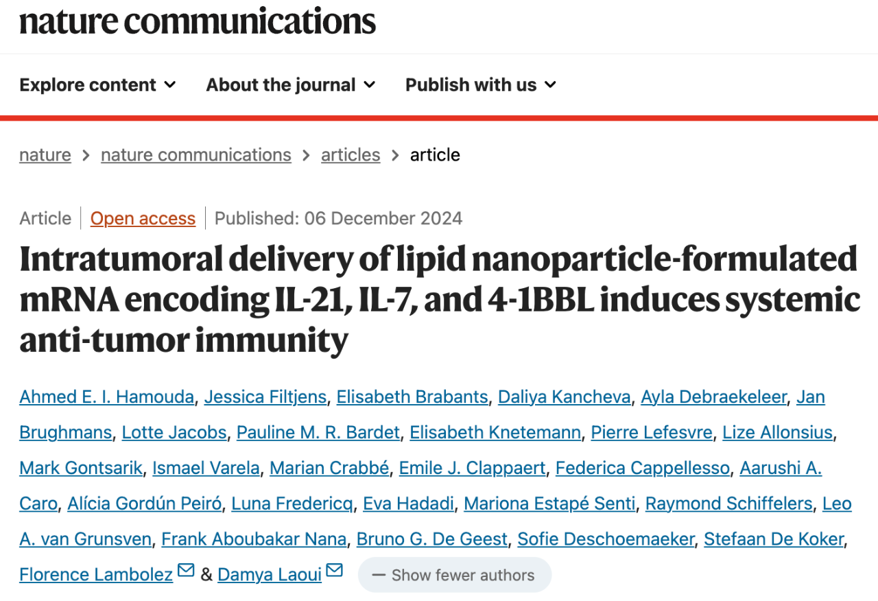 Intratumoral delivery of lipid nanoparticle-formulated mRNA encoding IL-21, IL-7, and 4-1BBL induces systemic anti-tumor immunity