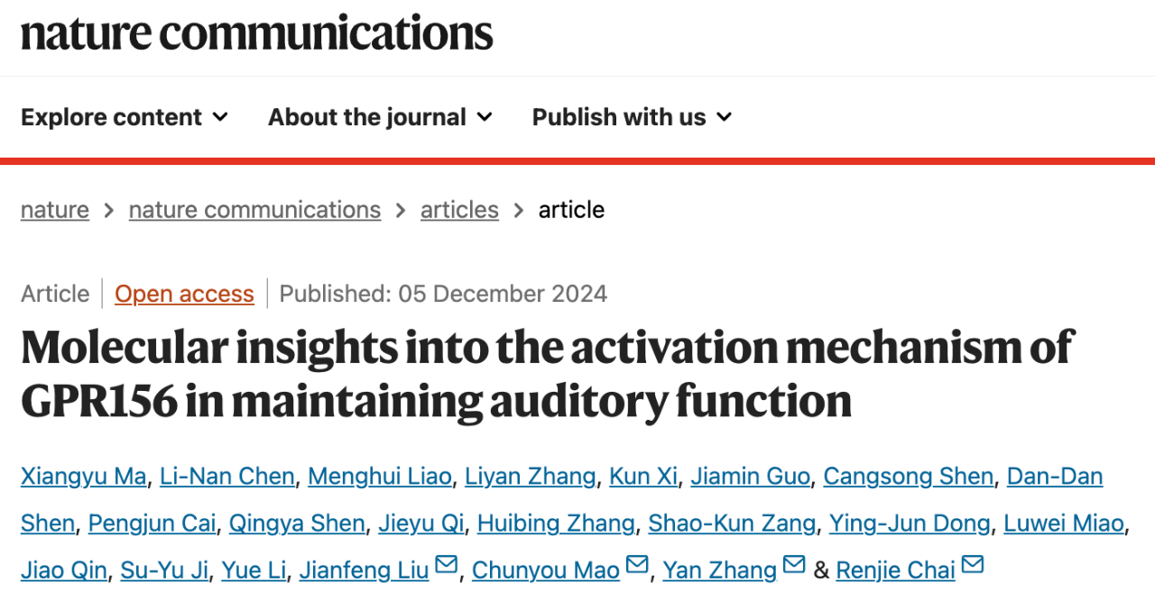 Nature Communications 上發(fā)表了題為：Molecular insights into the activation mechanism of GPR156 in maintaining auditory function