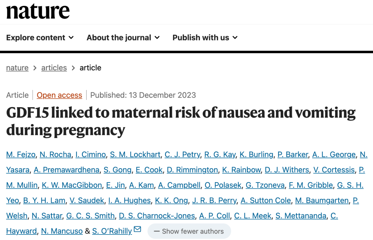 GDF15 linked to maternal risk of nausea and vomiting during pregnancy