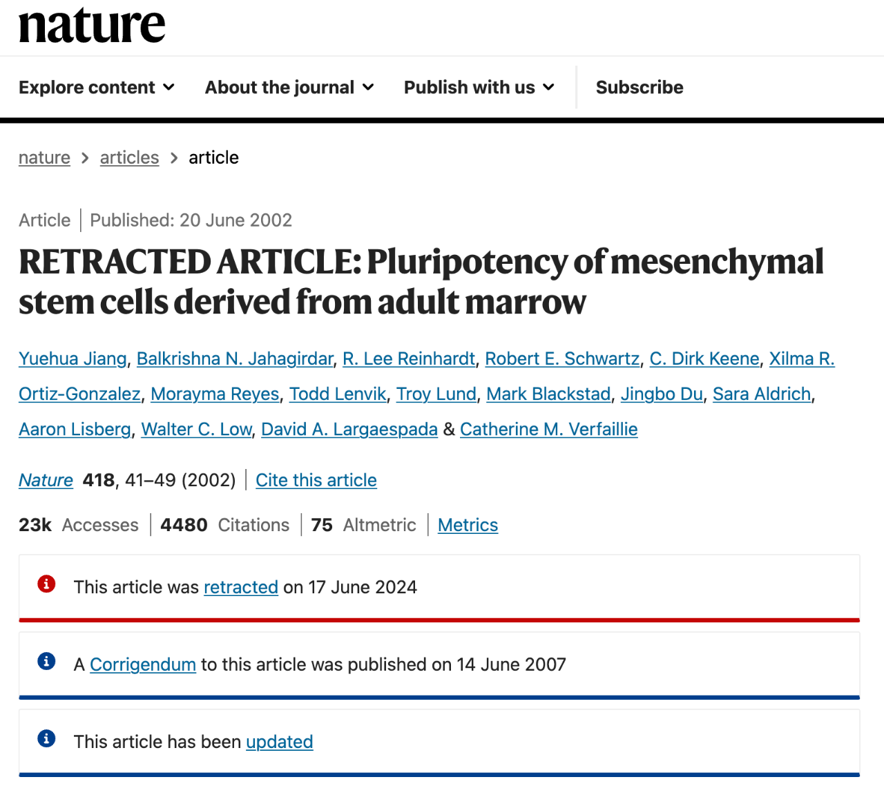 RETRACTED ARTICLE: Pluripotencyofmesenchymalstem cells derived fromadult marrow