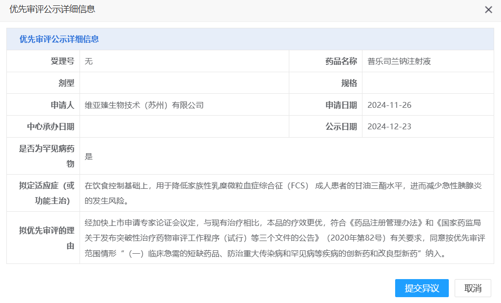 維亞臻APOC3 siRNA 新藥擬納入優(yōu)先審評(píng)