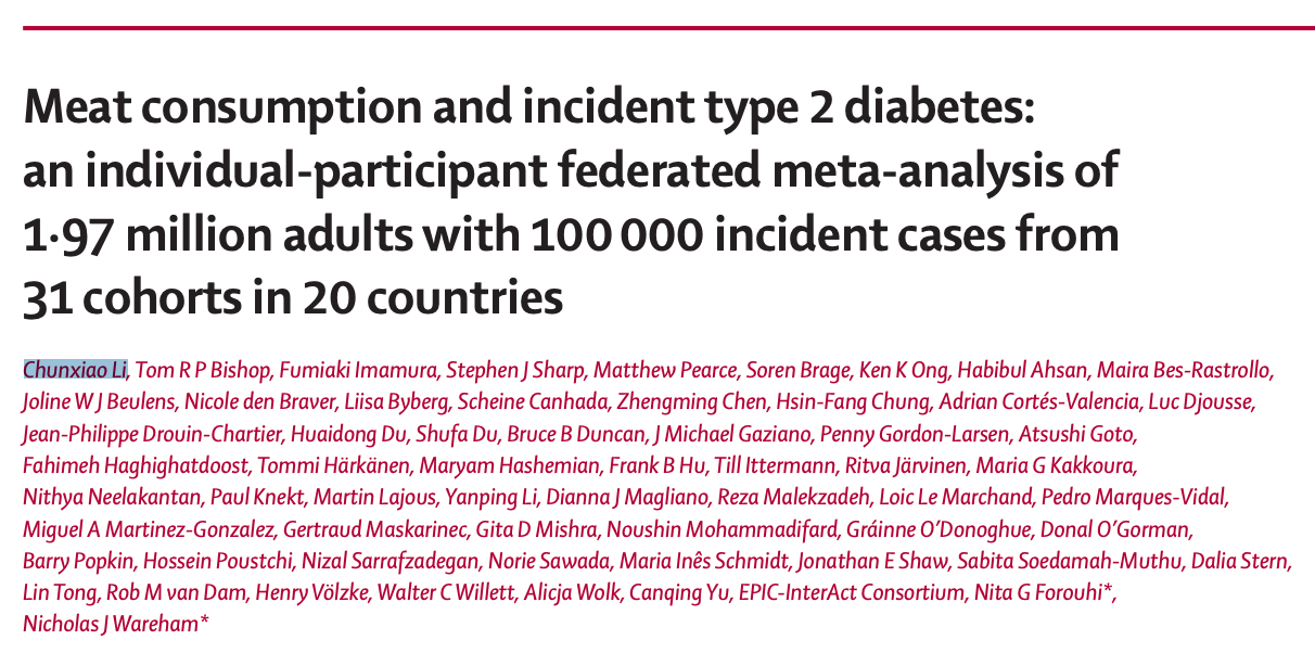 Meat consumption and incident type 2 diabetes: an individual-participant federated meta-analysis of 1·97 million adults with 100 000 incident cases from 31 cohorts in 20 countries
