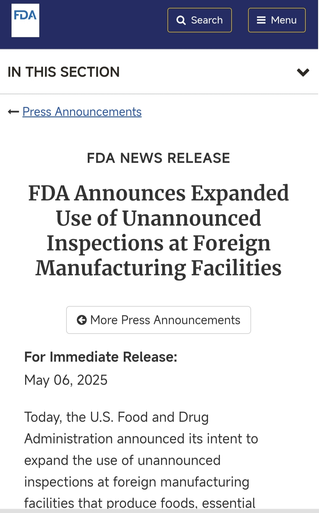 美国FDA发文