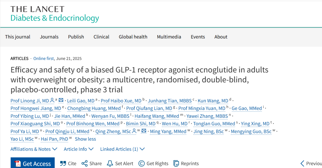 Efficacy and safety of a biased GLP-1 receptor agonist ecnoglutide in adultswith overweight orobesity: a multicentre, randomised, double-blind,placebo-controlled,phase 3 trial