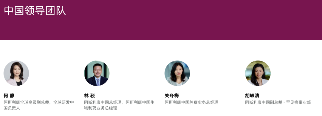 阿斯利康中國領(lǐng)導(dǎo)團隊如下