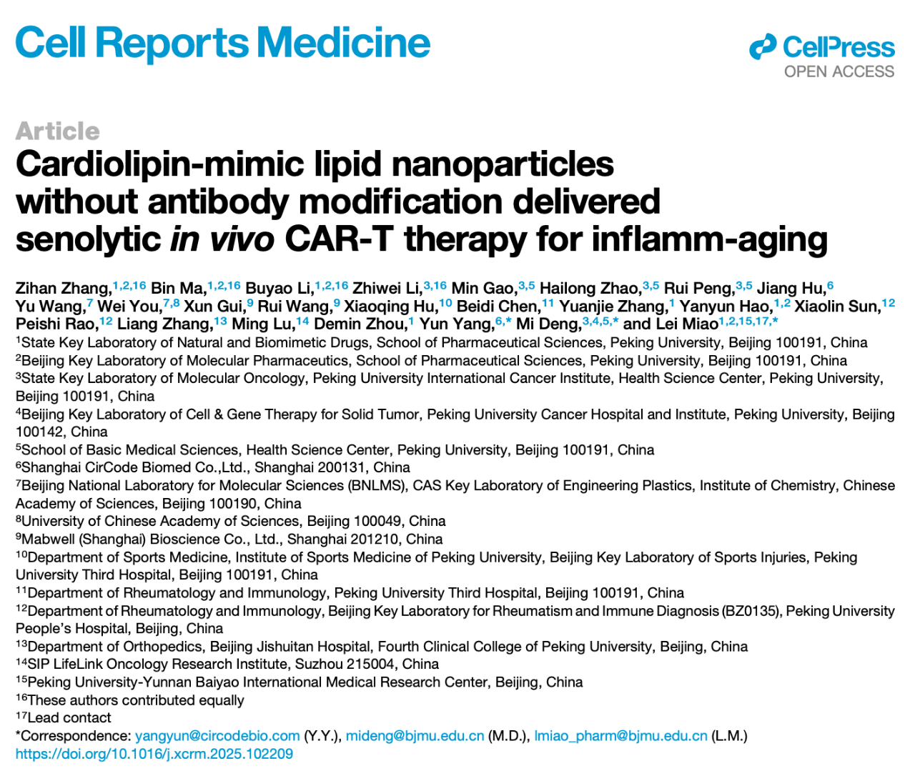 Cardiolipin-mimic lipid nanoparticles without antibody modification delivered senolytic in vivo CAR-T therapy for inflamm-aging