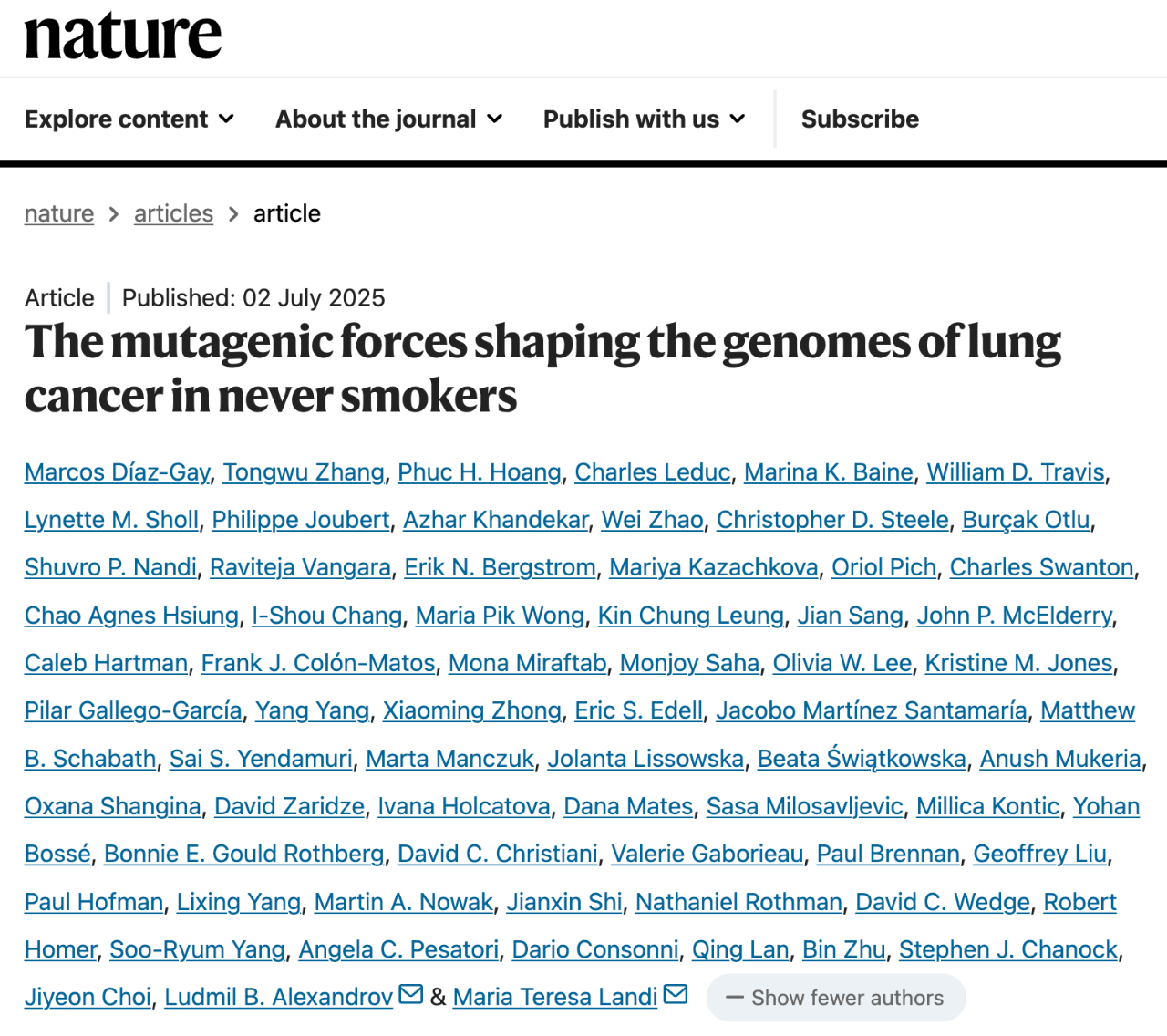 該研究以：The mutagenic forces shaping the genomes of lung cancer in never smokers 為題，于 2025 年 7 月 2 日發(fā)表在了國際頂尖學(xué)術(shù)期刊 Nature。