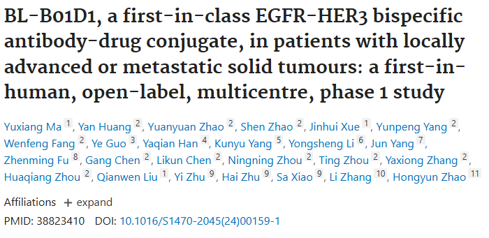 BL-Bo1D1，一種同類首創(chuàng)的EGFR-HER3雙特異性抗體-藥物偶聯(lián)物，用于局部晚期或轉(zhuǎn)移性實體瘤患者：一項首次非人類、開放標(biāo)簽、多中心、1期研究