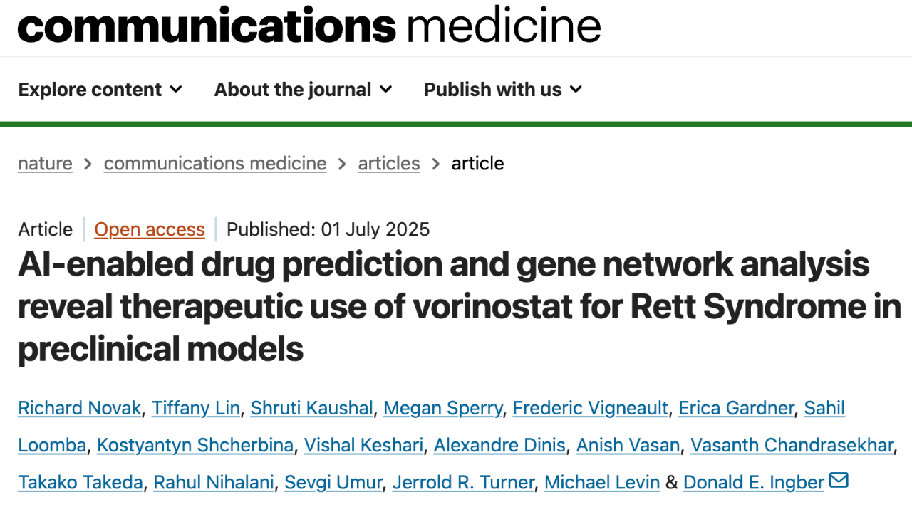 該研究以：AI-enabled drug prediction and gene network analysis reveal therapeutic use of vorinostat for Rett Syndrome in preclinical models 為題，于 2025 年 7 月 1 日，發(fā)表在了 Communications Medicine 期刊。