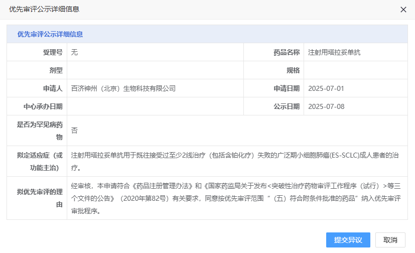 7 月 8 日，CDE 官網(wǎng)顯示，百濟(jì)神州申報(bào)的注射用塔拉妥單抗擬納入優(yōu)先審評，用于既往接受過至少 2 線治療（包括含鉑化療）失敗的廣泛期小細(xì)胞肺癌 (ES-SCLC) 成人患者的治療。