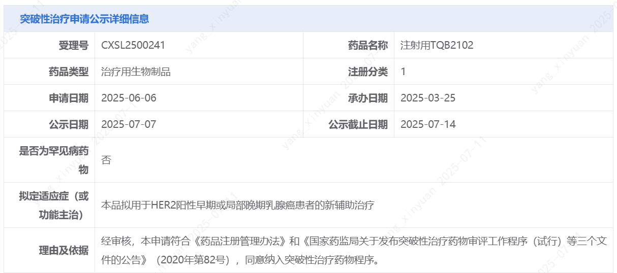 突破性治療申請公示詳細(xì)信息