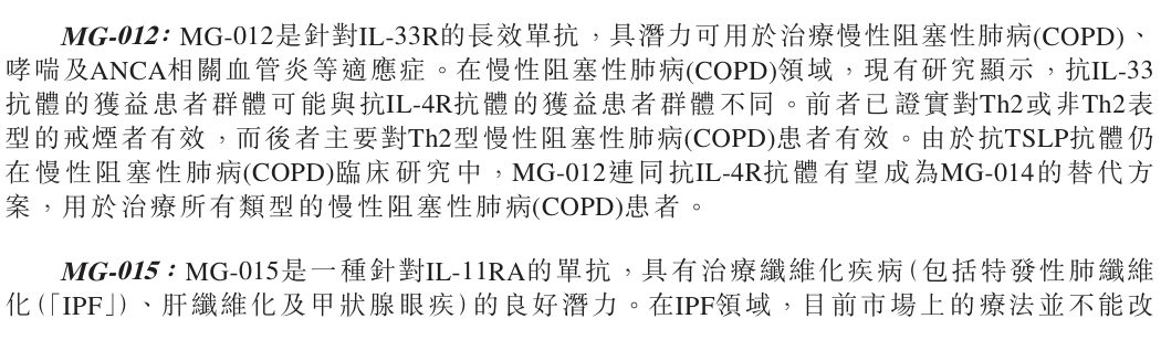 其他臨床前管線涉及IL-33單抗和IL-11RA單抗等