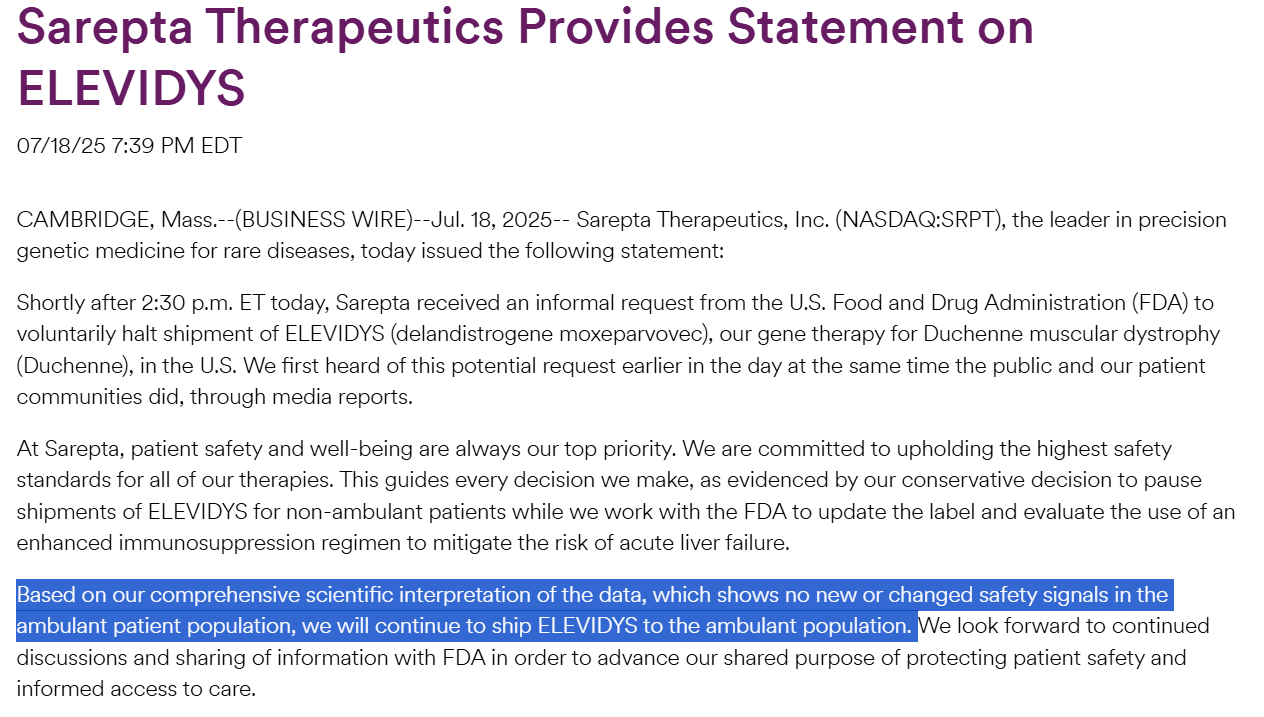 Sarepta Therapeutics提供關(guān)于elevidys的聲明