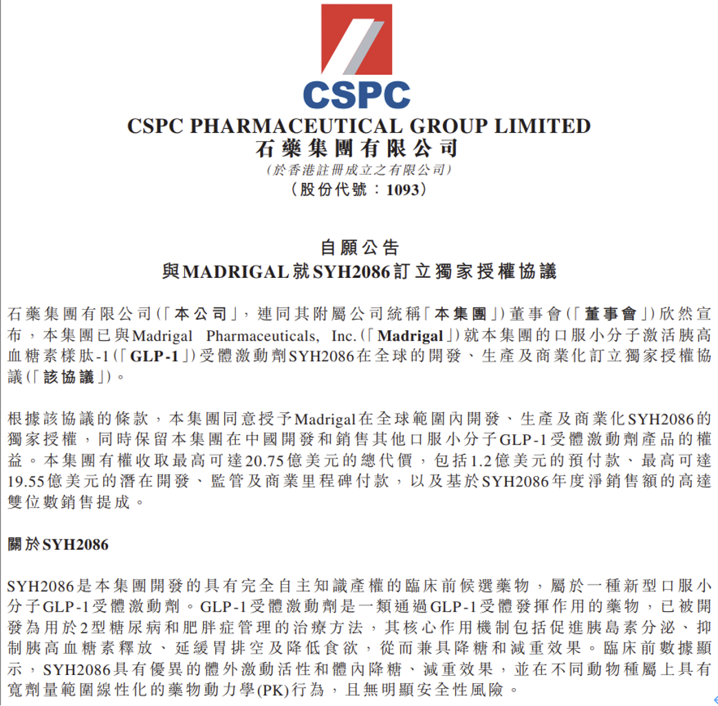 石藥集團(tuán)將處于臨床前階段的小分子GLP-1激動劑SYH2086以超20億美元授權(quán)美國Madrigal