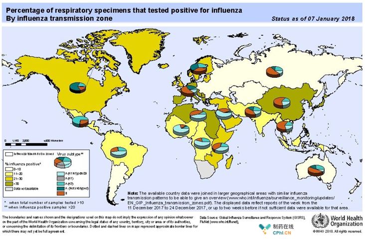 图1 全球流感流行病学地域分布图（2018）