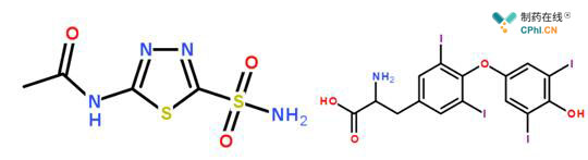 乙酰唑胺（左）、甲状腺素（右）结构式