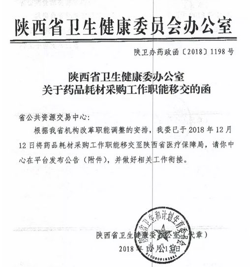 陕西省卫生健康委办公室关于药品耗材采购工作职能移交的函