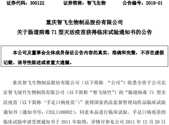 重庆智飞生物制品股份有限公司的公告