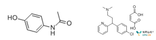 对乙酰氨基酚（左）及马来酸氯苯那敏（右）结构式