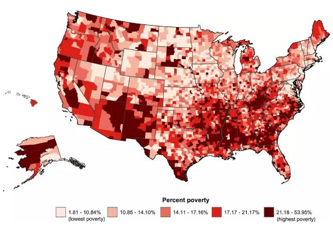 美国不同地区贫困人口百分比
