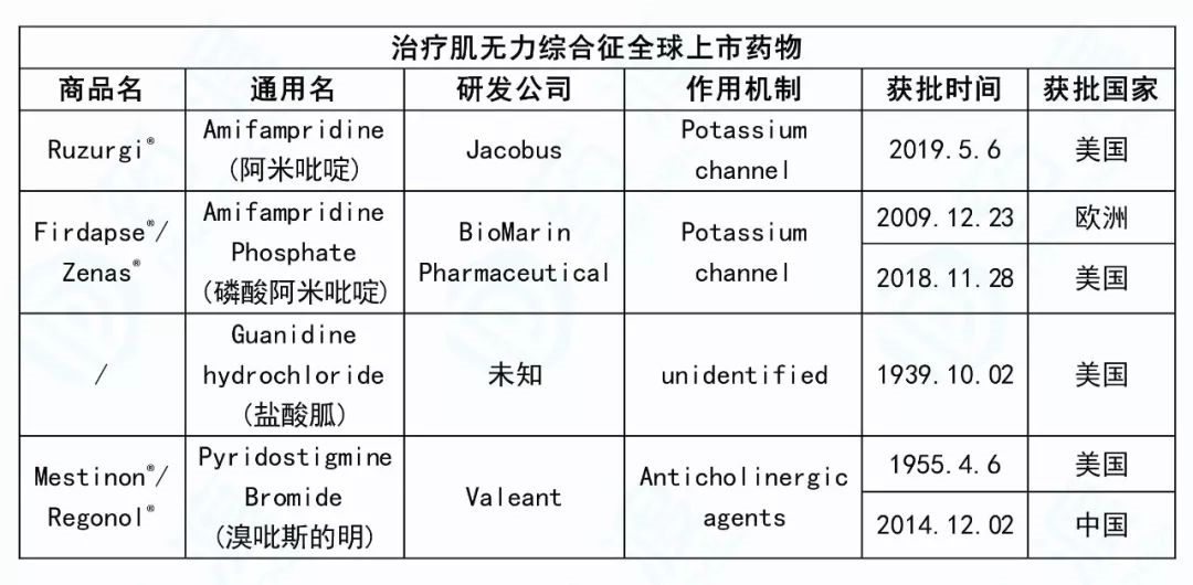 表2. 用于治疗肌无力综合征的全球药物列表