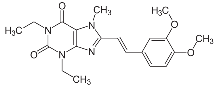 ▲Istradefylline分子结构式（图片来源：NEUROtiker [Public domain]）
