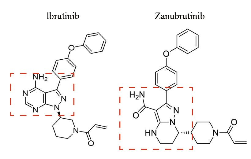 Ibrutinib（伊布替尼）和Zanubrutinib（泽布替尼）结构式
