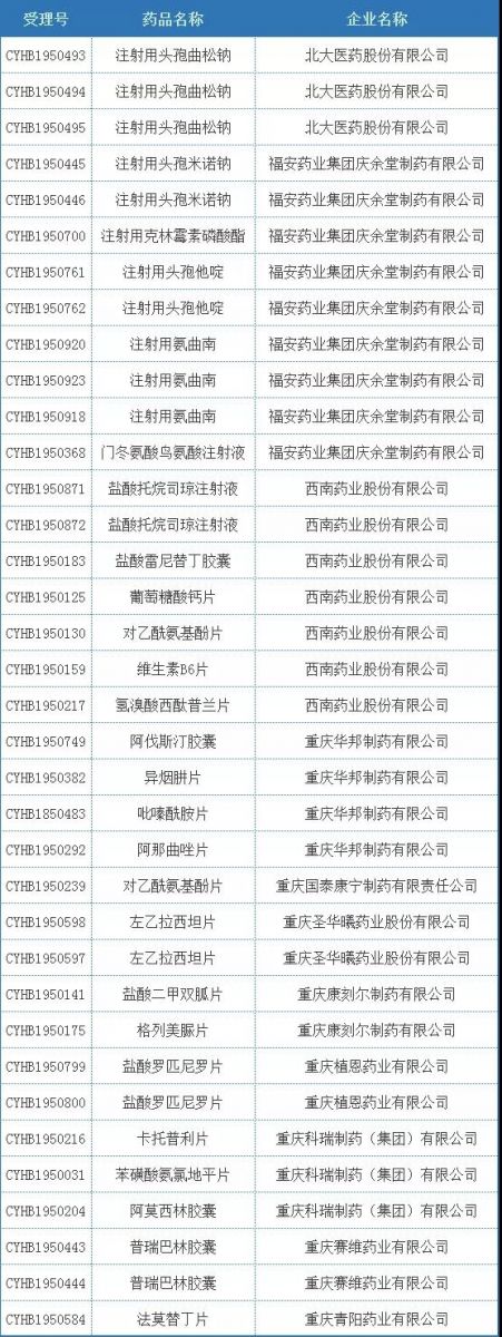 表1 2019年重庆市一致性评价受理情况