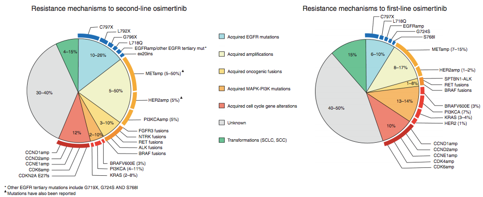 c- MET扩增在奥希替尼耐药突变中的比例：一线7-15%，二线5-50%