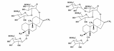 甜菊苷（左）和莱鲍迪苷A（右）的分子结构