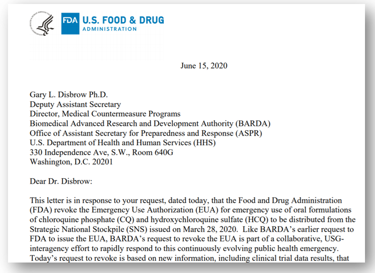 2020年羟氯喹和氯喹使用授权的FDA撤销信
