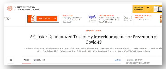 羟氯喹进行暴露后治疗不能预防Covid-19或治疗