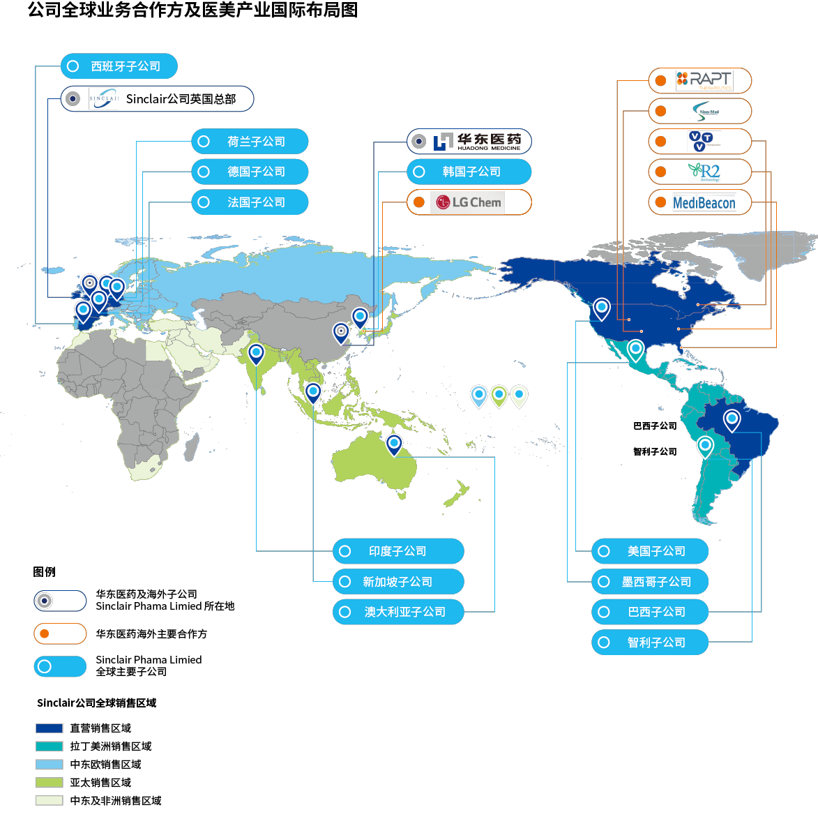 公司全球业务合作方及医美产业国际布局图