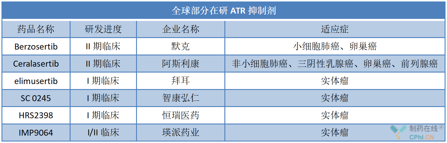 全球部分在研ATR抑制剂