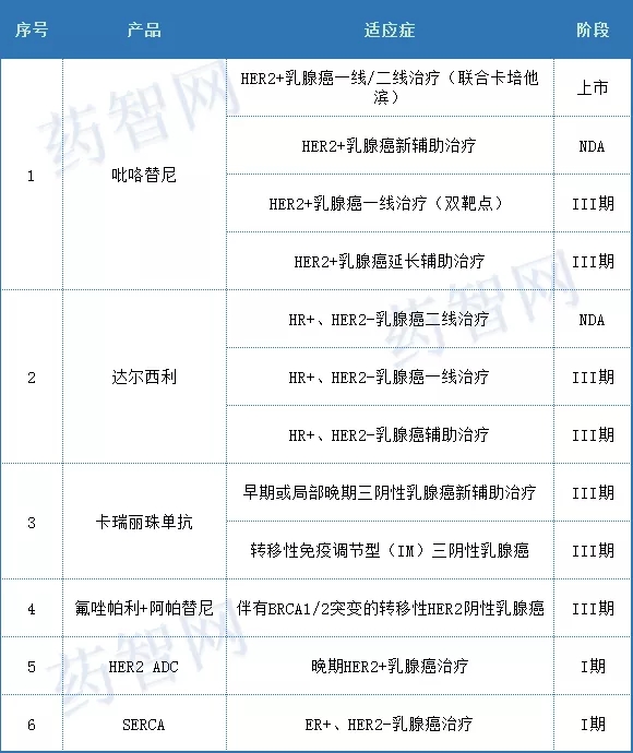 恒瑞医药在乳腺癌癌领域处于临床及上市阶段主要产品布局