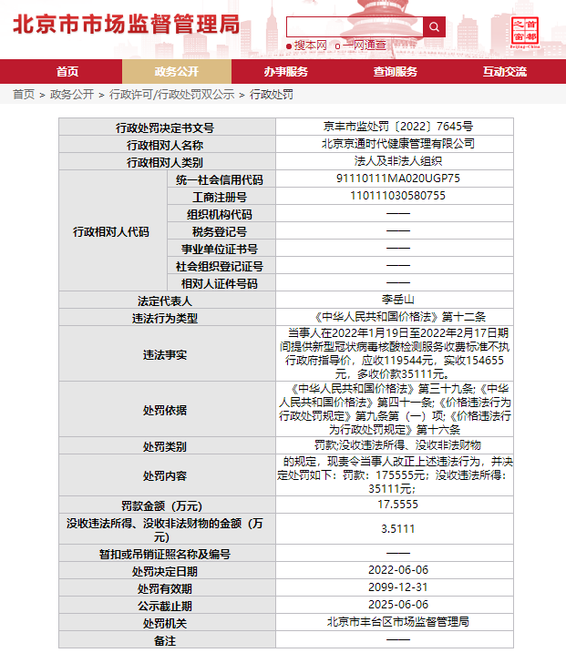 核酸检测多收费 北京丰台两家检测机构被罚！