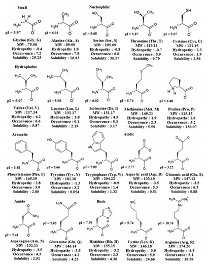 20种氨基酸的名称，分子量，亲水性，蛋白质中出现概率，和水溶性(g/100 mL, 25 ℃) 