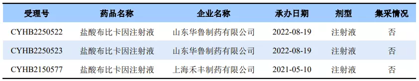 盐酸布比卡因注射液一致性评价申报受理情况