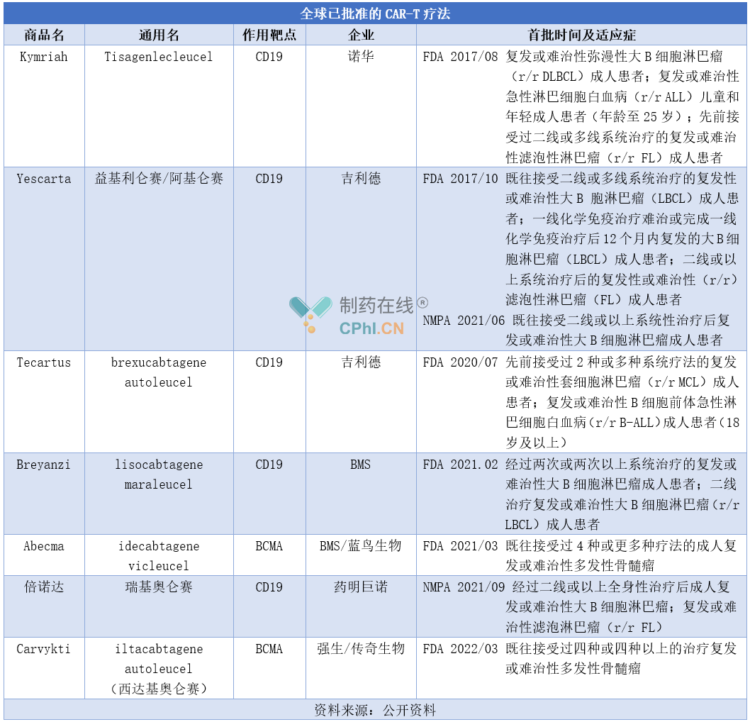 全球已批准的CAR-T疗法